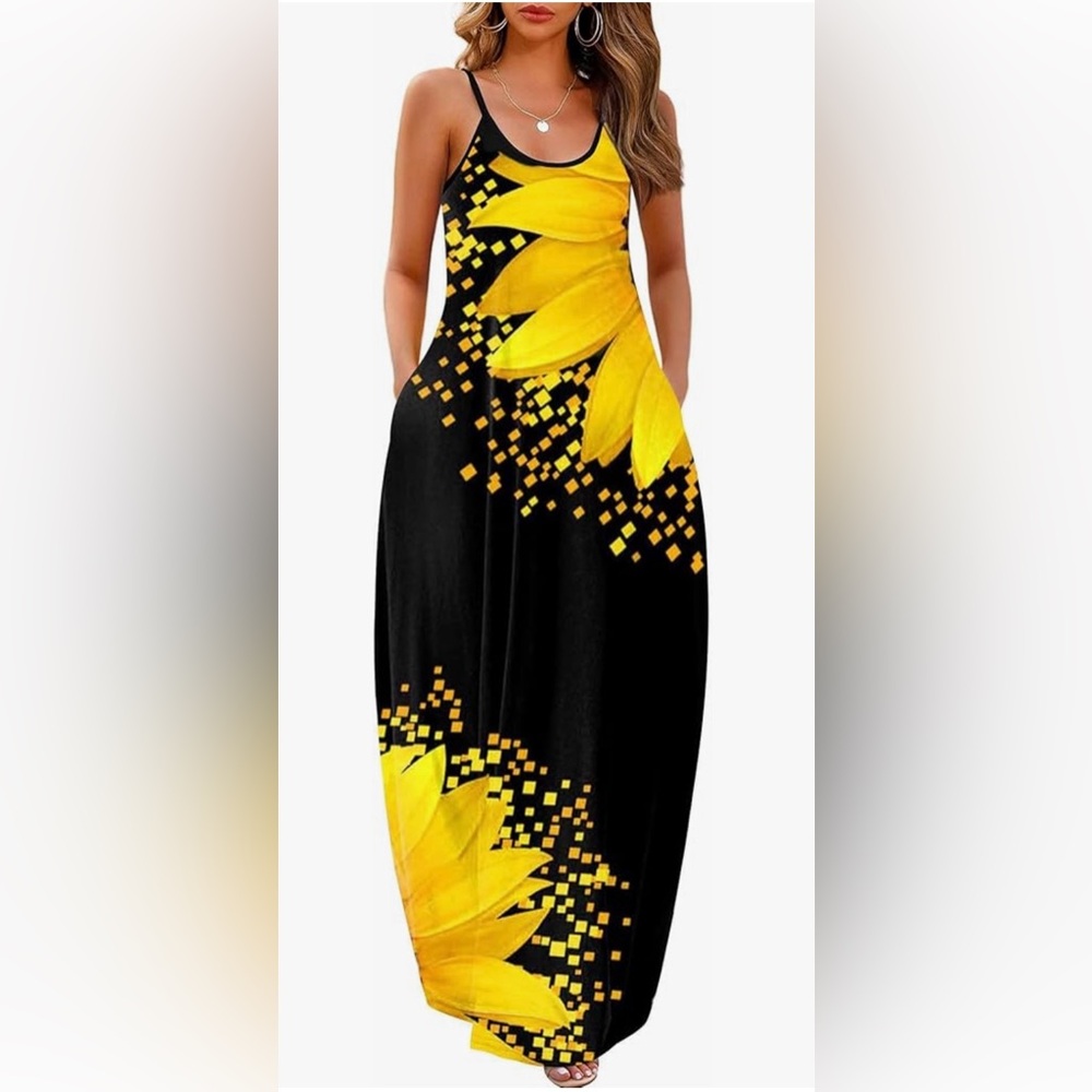 Elegant Black and Yellow Maxi Dress With Pockets